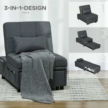 3-in-1 Stoel – Slaapstoel – Fauteuil – Chaise Longue – Grijs – Verstelbare Rugleuning – Handige Zijvakjes