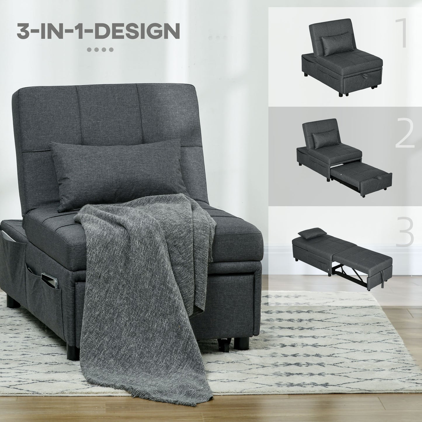 Relaxstoel – Fauteuil – Ligstoel – Slaapstoel – Zitstoel – 3-in-1 Multifunctioneel – Donkergrijs Linnen-look – Inclusief Comfortabel Kussen – Max. 150 Kg Draagkracht