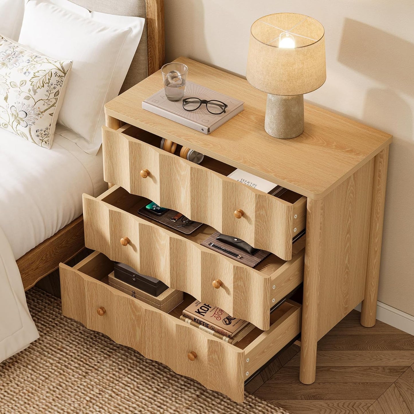 Nachtkastje – Bedside Table – Nachtkast – Bijzettafel – Opbergkast – 3 Lades – Licht Eikenhout – 80x40x75 cm – Compact En Stijlvol
