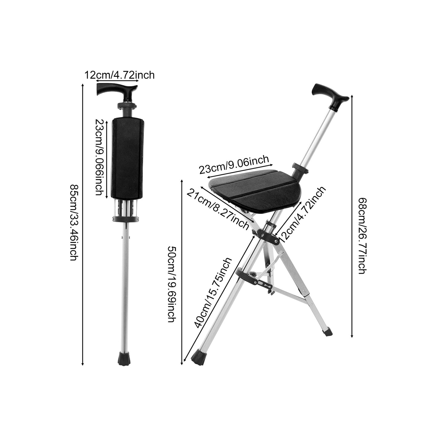 Folding Walking Stick Chair | Black Aluminum Alloy, Foldable Design, Seat Included, for Adults, by NaMaSyo