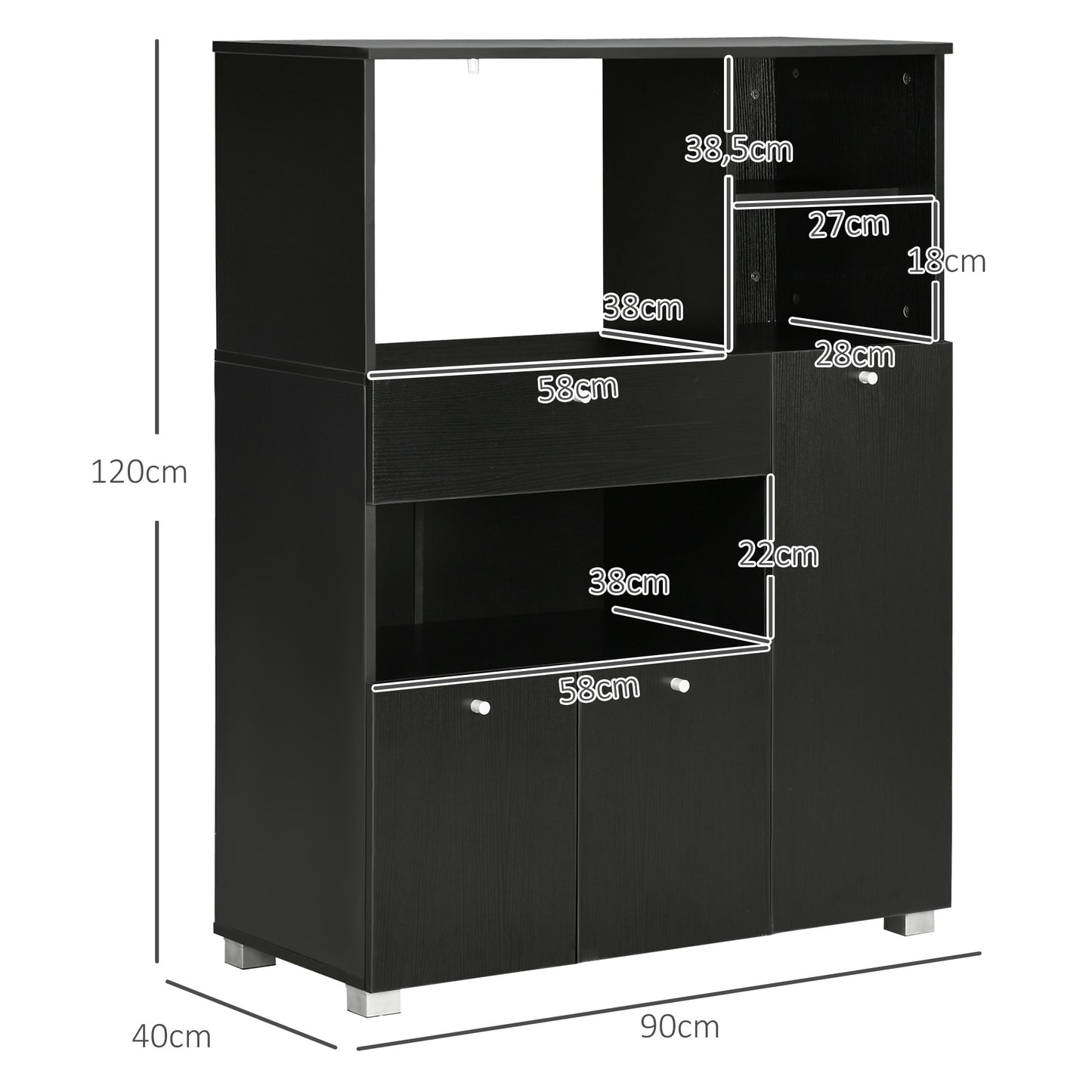 Keukenkast – Magnetronkast – Bergkast – Opbergkast – Dressoir – Zwart Houtdecor – Aluminium Handgrepen – 90x40x120 cm – Robuuste E1 Spaanplaat