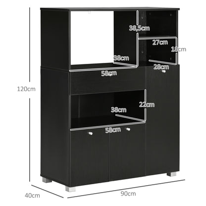 Keukenkast – Magnetronkast – Bergkast – Opbergkast – Dressoir – Zwart Houtdecor – Aluminium Handgrepen – 90x40x120 cm – Robuuste E1 Spaanplaat
