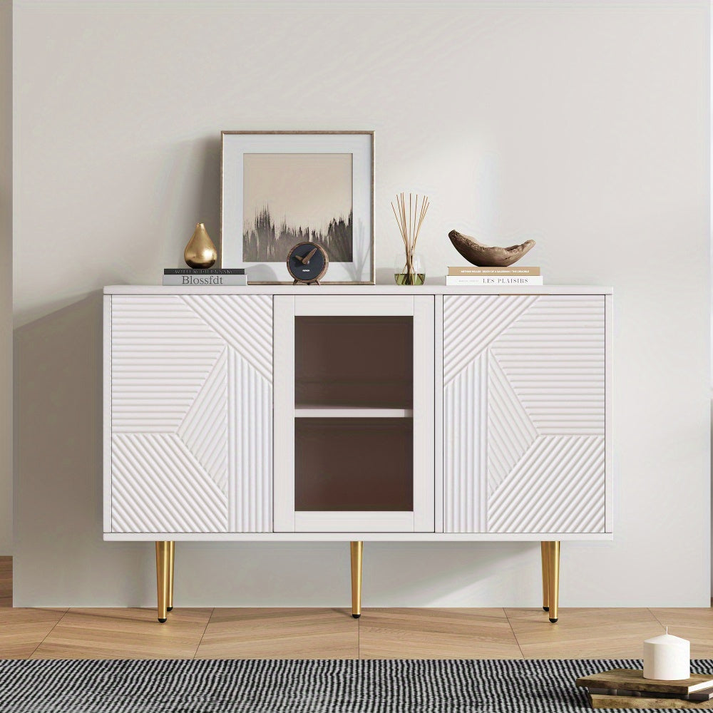Dressoir – Sideboard – Opbergkast – Kast – Buffetkast – Modern – Glazen Deuren – Wit Met Gouden Pootjes