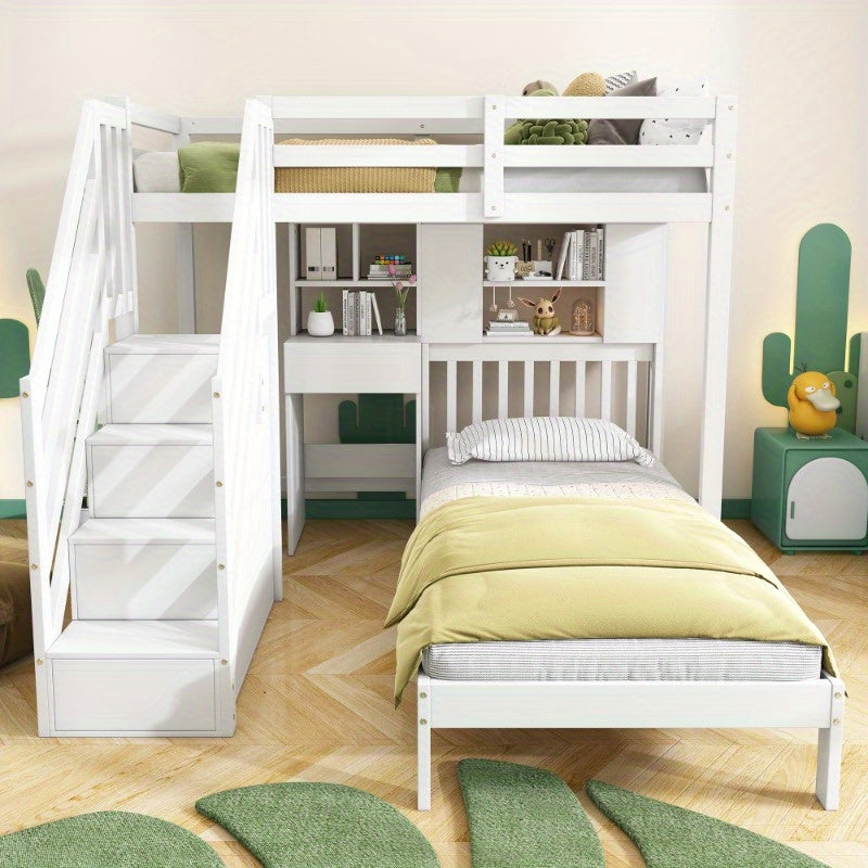Stapelbed – Multifunctioneel Bed – Hoogslaper – Kinderbed – Tienerbed – Wit – Inclusief Bureau en Opbergruimte – 90x200 cm – Stevig Frame met Lattenbodem – Ruimtebesparend Design