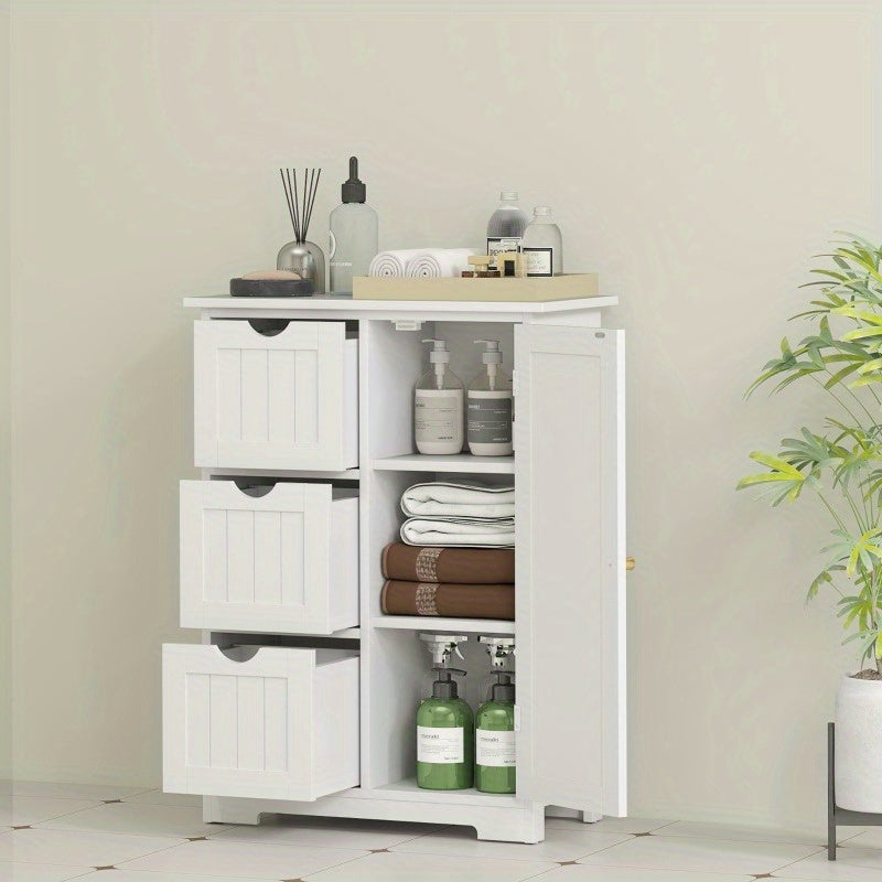 HOMCOM Modern White Bathroom Storage Cabinet with 3 Drawers & Adjustable Shelf - 60x30x80cm Glass Organizer, Pull-Out Shelves, Magnetic Door, Golden Knobs for Bathroom & Living Room Organization, Bathroom Organizers And Stora
