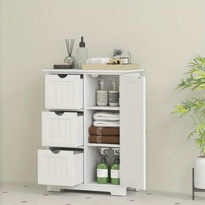 HOMCOM Modern White Bathroom Storage Cabinet with 3 Drawers & Adjustable Shelf - 60x30x80cm Glass Organizer, Pull-Out Shelves, Magnetic Door, Golden Knobs for Bathroom & Living Room Organization, Bathroom Organizers And Stora