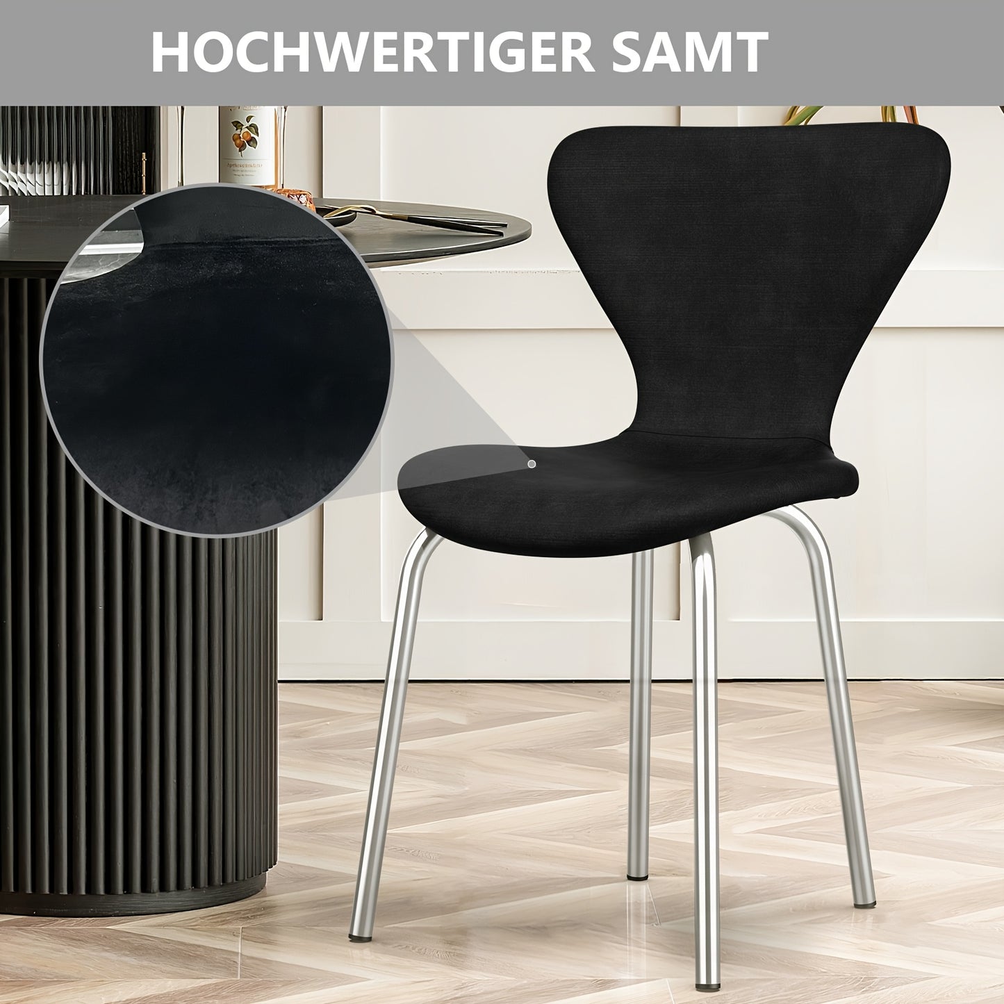 Set van 2 Moderne Klassieke Eetkamerstoelen – Zwart Fluweel met Stevige Metalen Poten – Ergonomische Rugleuning en Comfortabele Zitting – Eenvoudig te Reinigen – Perfect voor Eetkamer of Keuken