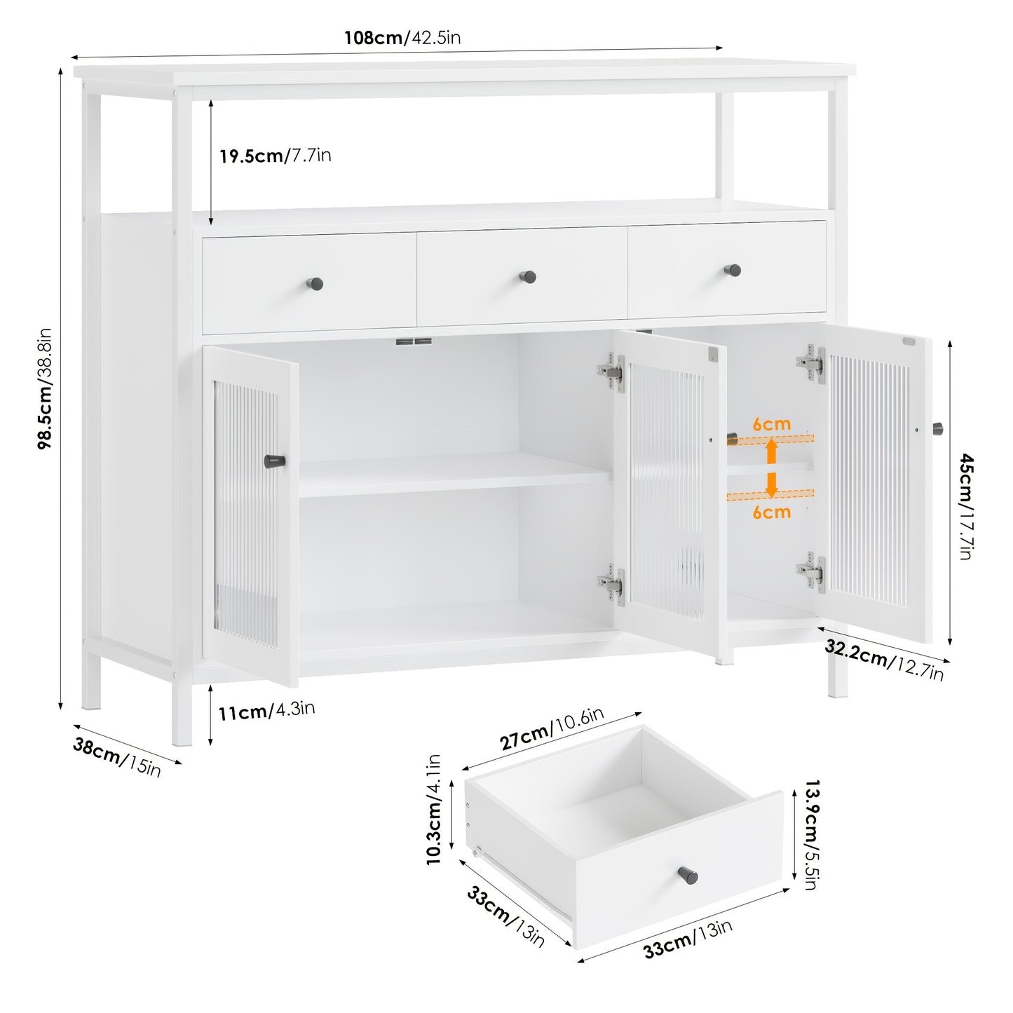 Kealive Modern Living Room Sideboard Cabinet with Glass Doors & Adjustable Shelves - 2-Pack Storage Display Cabinet with Drawers, / for Home Office, Storage Drawer Units