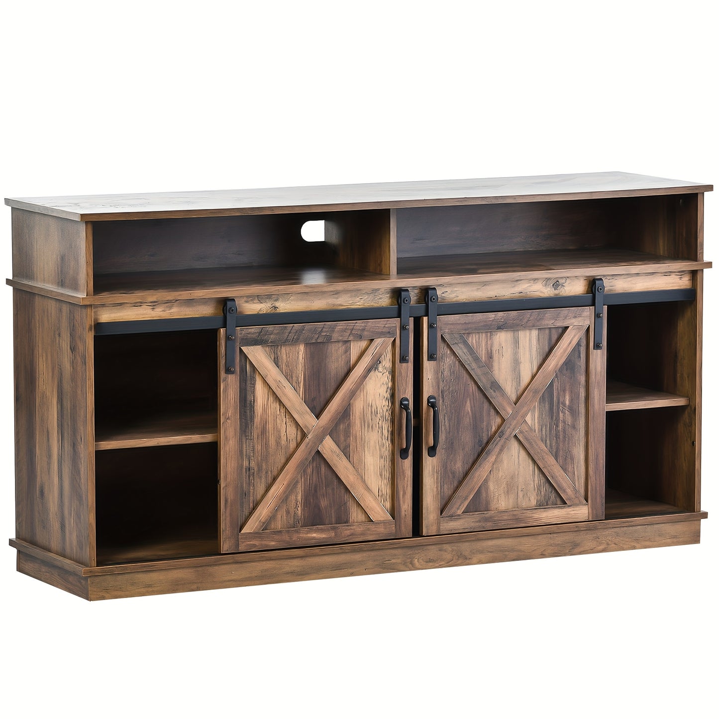 Large Rustic Modern TV Stand/Dining Cabinet/Entertainment Center with Sliding Doors & Adjustable Shelves - Heavy-Duty Metal Frame, Brown Tone Storage Unit, Space-Saving Design for Living Room, Dining Room (148x40x78cm) - Easy