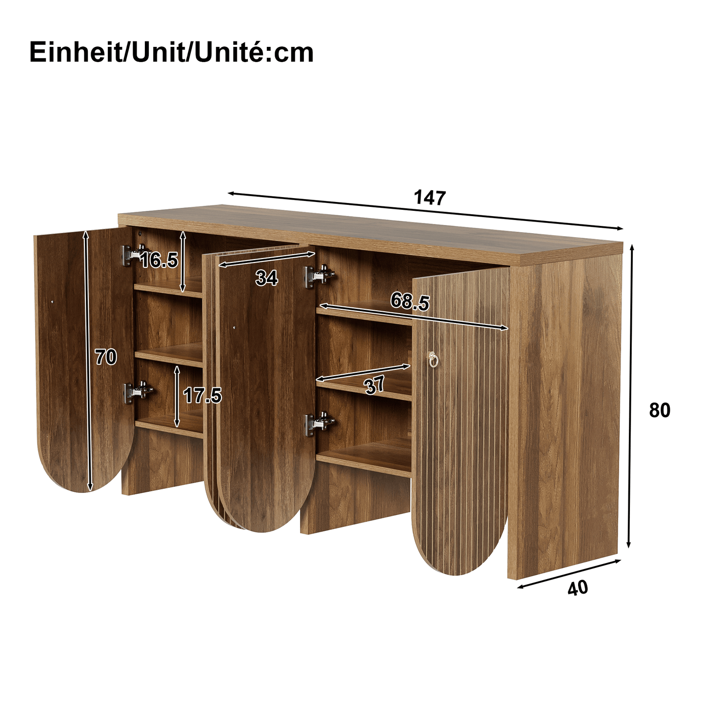 Sideboard – Dressoir – Buffetkast – Opbergkast – Kast – Bruin – 4 Deuren Met Verstelbare Planken – MDF Met Aluminium Grepen – 147×40×80 Cm