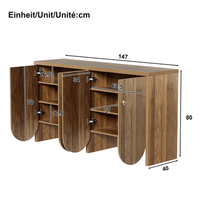 Sideboard – Dressoir – Buffetkast – Opbergkast – Kast – Bruin – 4 Deuren Met Verstelbare Planken – MDF Met Aluminium Grepen – 147×40×80 Cm