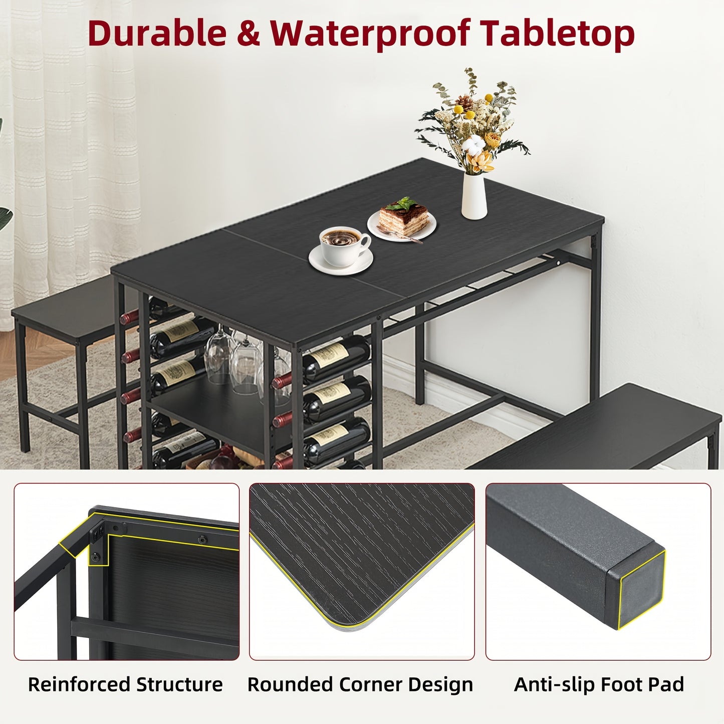 3-delige Eettafelset – Eettafel Met Banken – Tafeltje Met Opbergruimte – Barkrukset – Bankenset – Compact Ruimtebesparend Ontwerp – Stevig Hout Metaal Grijs