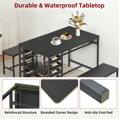 Drie-Delige Tafel- en Bankenset – Tafelset – Eettafelset – Buitentafelset – Meubelset – Zwart – Met Opbergruimte – Duurzaam Metaal en Hout