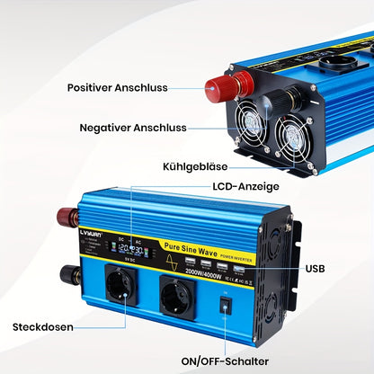 Pure Sine Wave Omvormer – Stroomomzetter – Spanningsomvormer – DC naar AC Converter – Autoinverter – 2000W Vermogen – LCD Display en 4 USB Poorten
