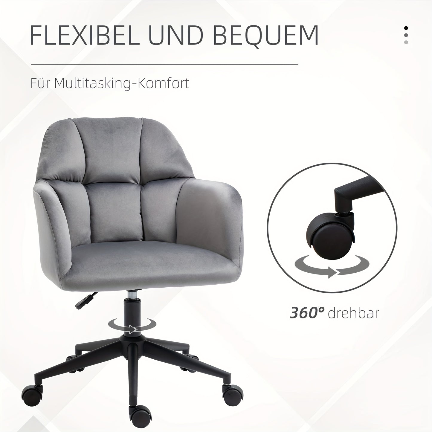 Draaifauteuil – Draaistoel – Bureaustoel – Loungefauteuil – Relaxstoel – Verstelbare Zithoogte – Fluwelen Armleuningen – Grijs – Metaal – Max 120 Kg