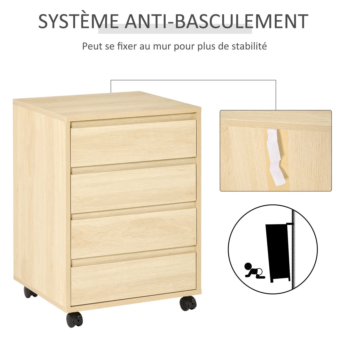 Ladekast op Wieltjes – Opbergkast – Bureaukast – Ladenblok – Kantoorkast – Natuurlijk Houtdecor – 4 Schuifladen – Wieltjes met Rem