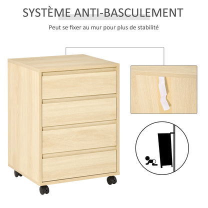 Ladekast op Wieltjes – Opbergkast – Bureaukast – Ladenblok – Kantoorkast – Natuurlijk Houtdecor – 4 Schuifladen – Wieltjes met Rem
