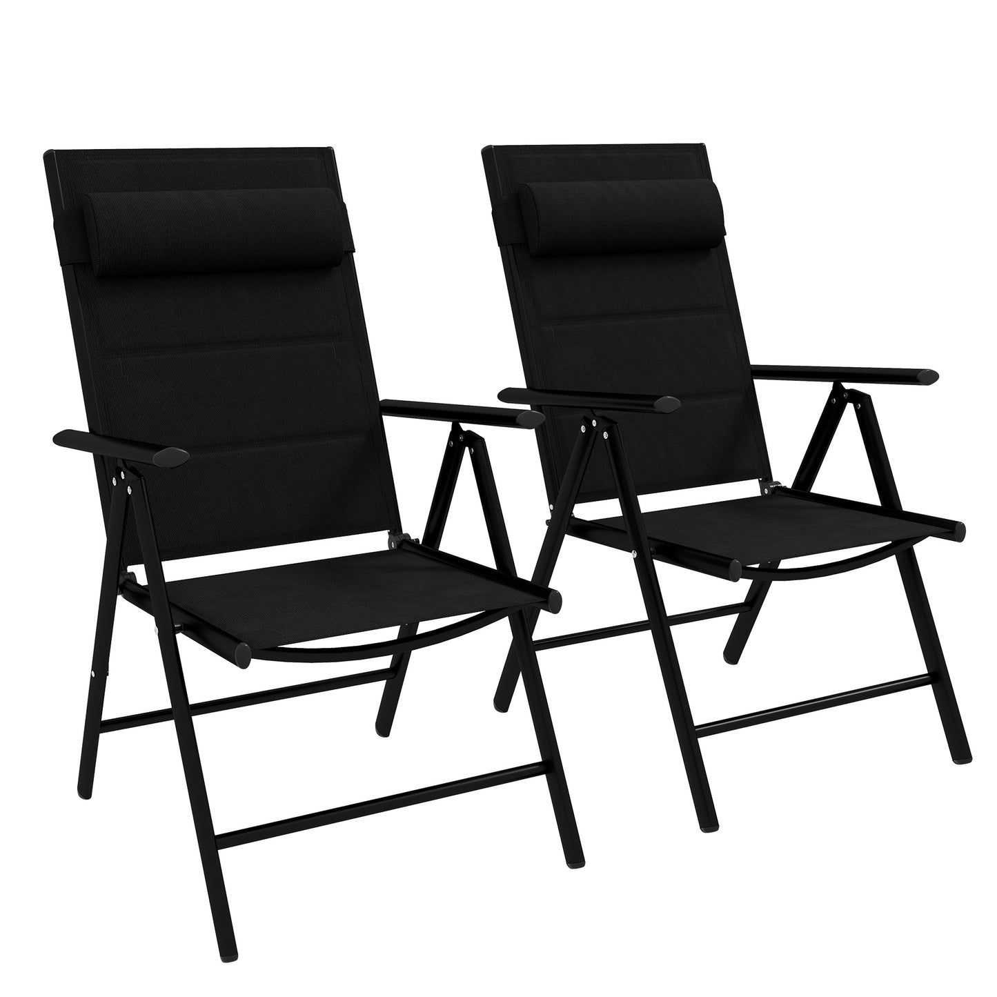 Opvouwbare Tuinstoelen – Klapstoel – Tuinstoel – Campingstoel – Balkonstoel – Met Hoofdsteun en Armleuningen – Aluminium Frame – 130 kg Draagkracht – Zwart – Set van 2 – 54x67x108 cm