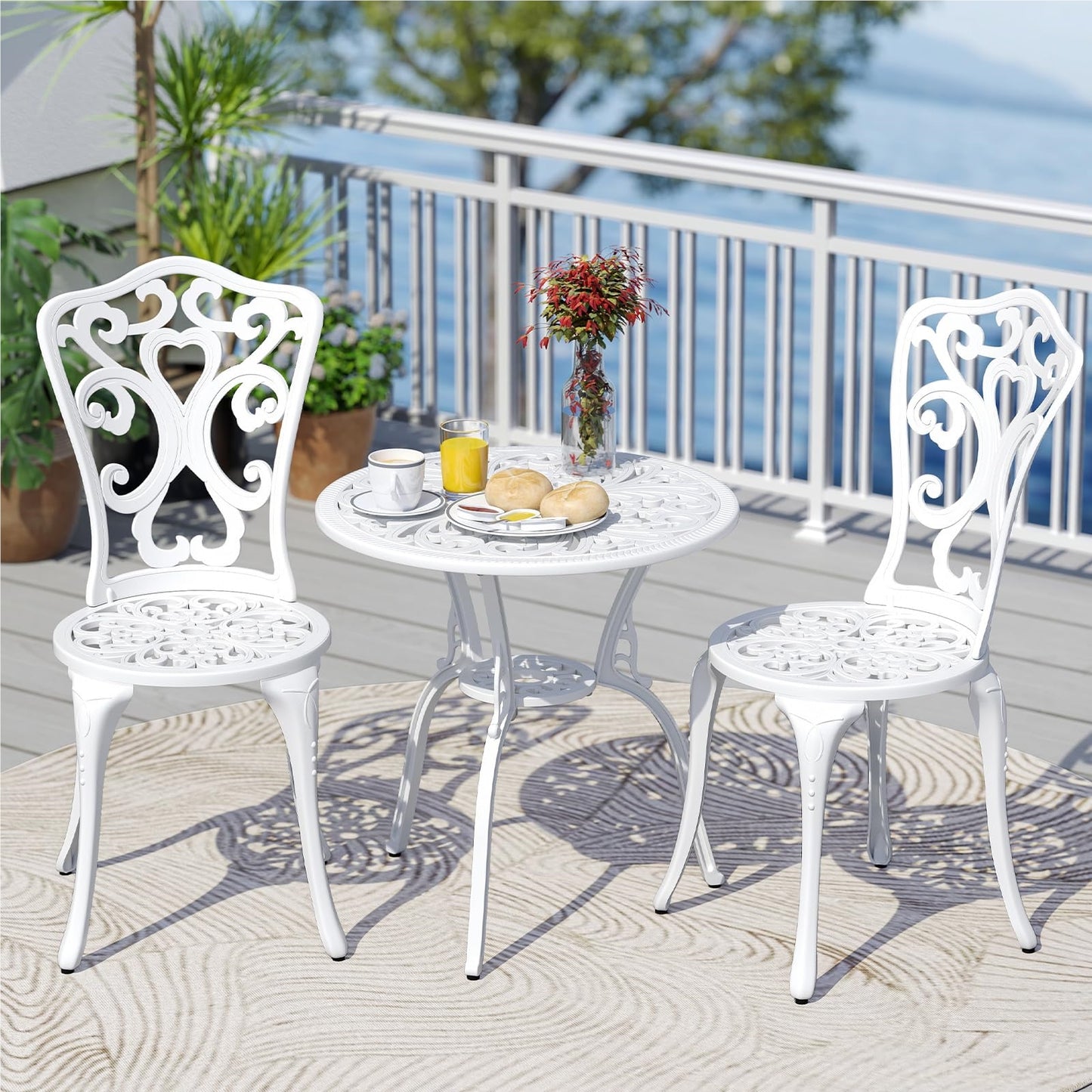 3-delige Tuinset – Bistroset – Balkonset – Terras Meubels – Patio Stoelen – Weerbestendig Aluminium – Stabiel Met Parasolgat – Wit