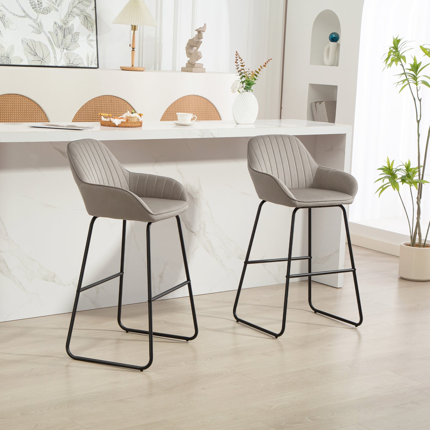 Barkrukken – Barstoelen – Krukken – Stoelen – Barstoelen Set – Grijze Stoffen Bekleding – Foamvulling Comfort – Stevig Metalen Frame