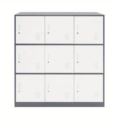 9-Door Heavy-Duty Lockable Metal Storage Cabinet with Card Slots & Key Lock - Modern & Gray Contemporary Floor-Standing Office Cabinet, 9-Slot Organizer for Home Office, School, Business - Easy Assembly, No Electrical Require