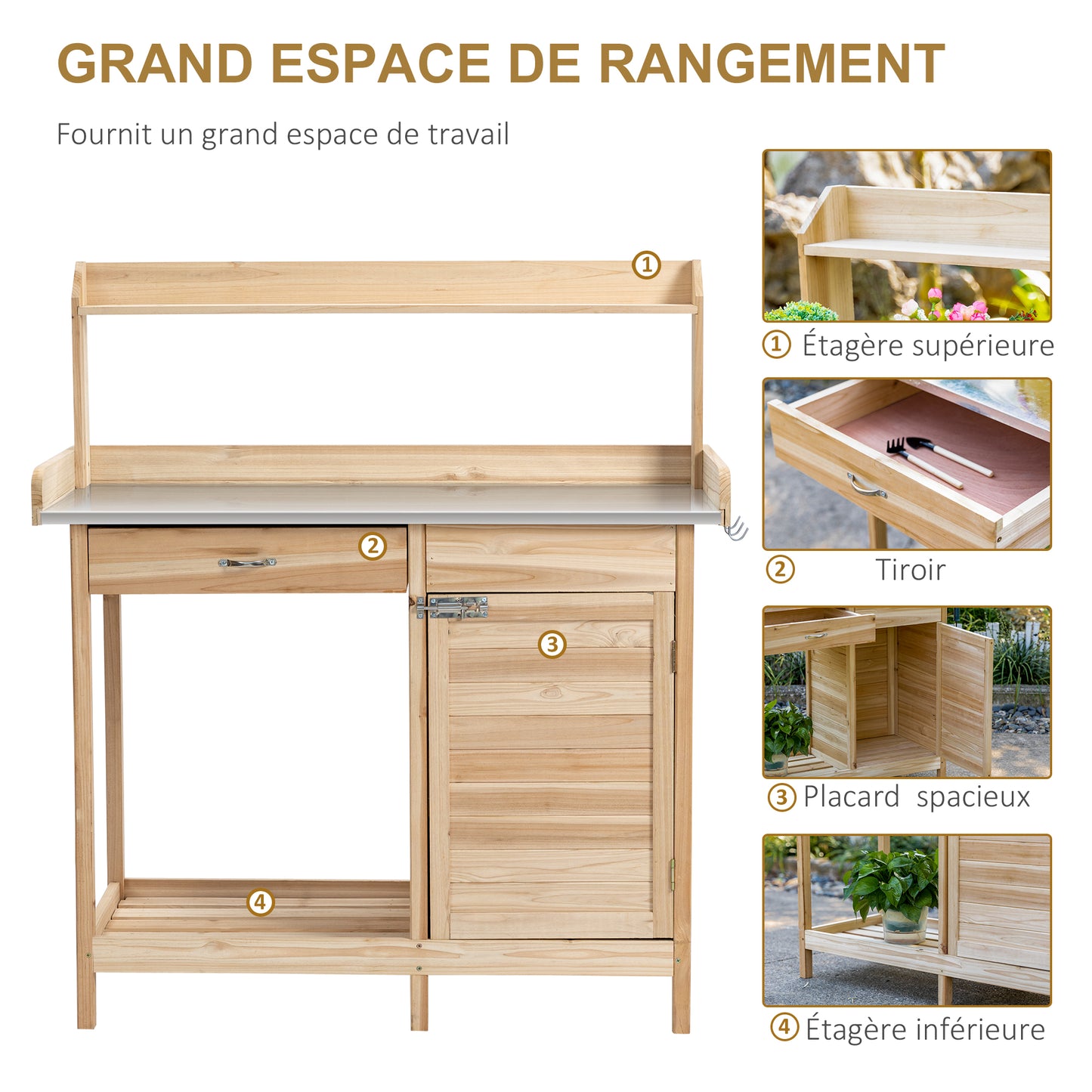 Tuinwerktafel – Tuinbankje – Werkbank – Plantentafel – Vurenhouten Tuinmeubel – Verzinkt Stalen Werkblad Met Rand – Opbergruimte Met Lade En Kastje