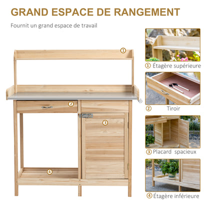 Tuinwerktafel – Tuinbankje – Werkbank – Plantentafel – Vurenhouten Tuinmeubel – Verzinkt Stalen Werkblad Met Rand – Opbergruimte Met Lade En Kastje
