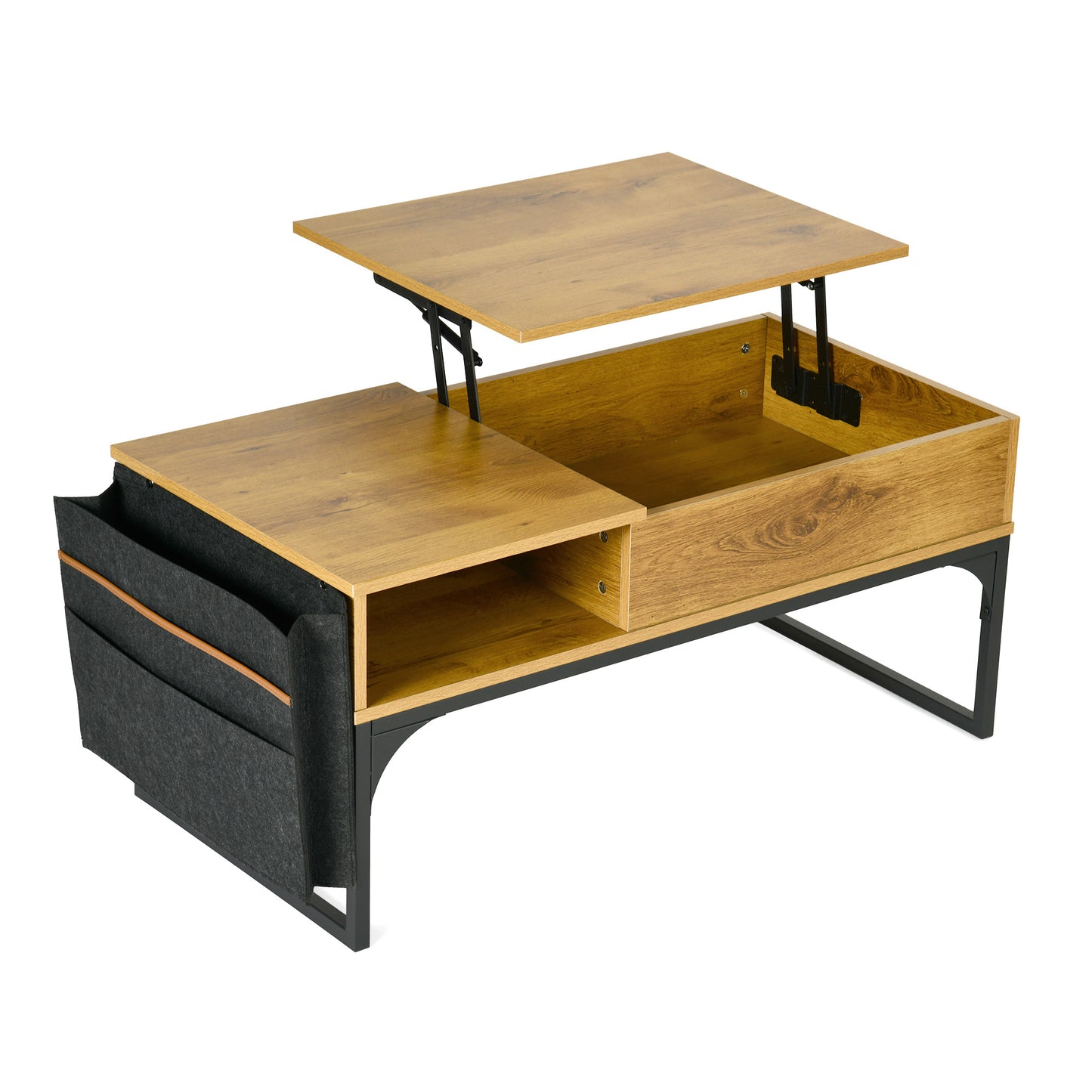 Retro Salontafel – Koffietafel – Woonkamer Tafel – Opbergtafel – Werktafel – Verstelbaar Lift-Top – 2 Opbergruimtes – Metaal Frame – Original Houtkleur – Inclusief Stoffen Opbergtas – 100x50x45 cm