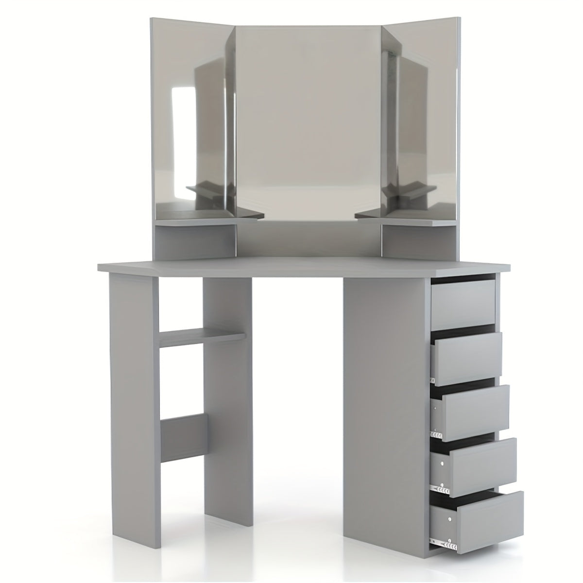 Hoekkosmetische Tafel – Hoekmake-uptafel – Make-uptafel – Kaptafel – Schminktisch – 3 Spiegels – 5 Laden – Ruimtebesparend – Moderne Grijze Styling