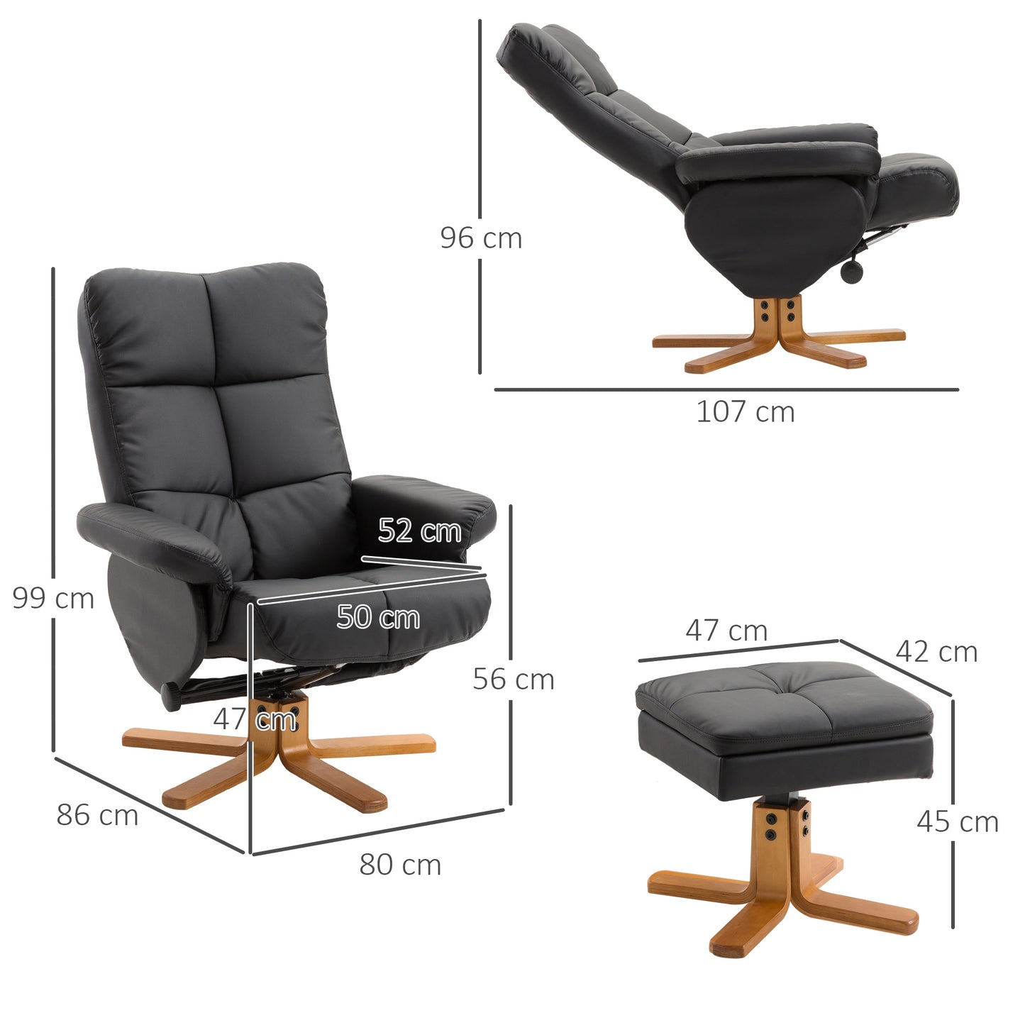 Draaifauteuil – Relaxstoel – Zwarte Fauteuil – Draaibare Stoel – Lounge Fauteuil – 360° Draaibaar – Verstelbare Rugleuning Tot 145° – Houten Frame Met Kunstleer Bekleding