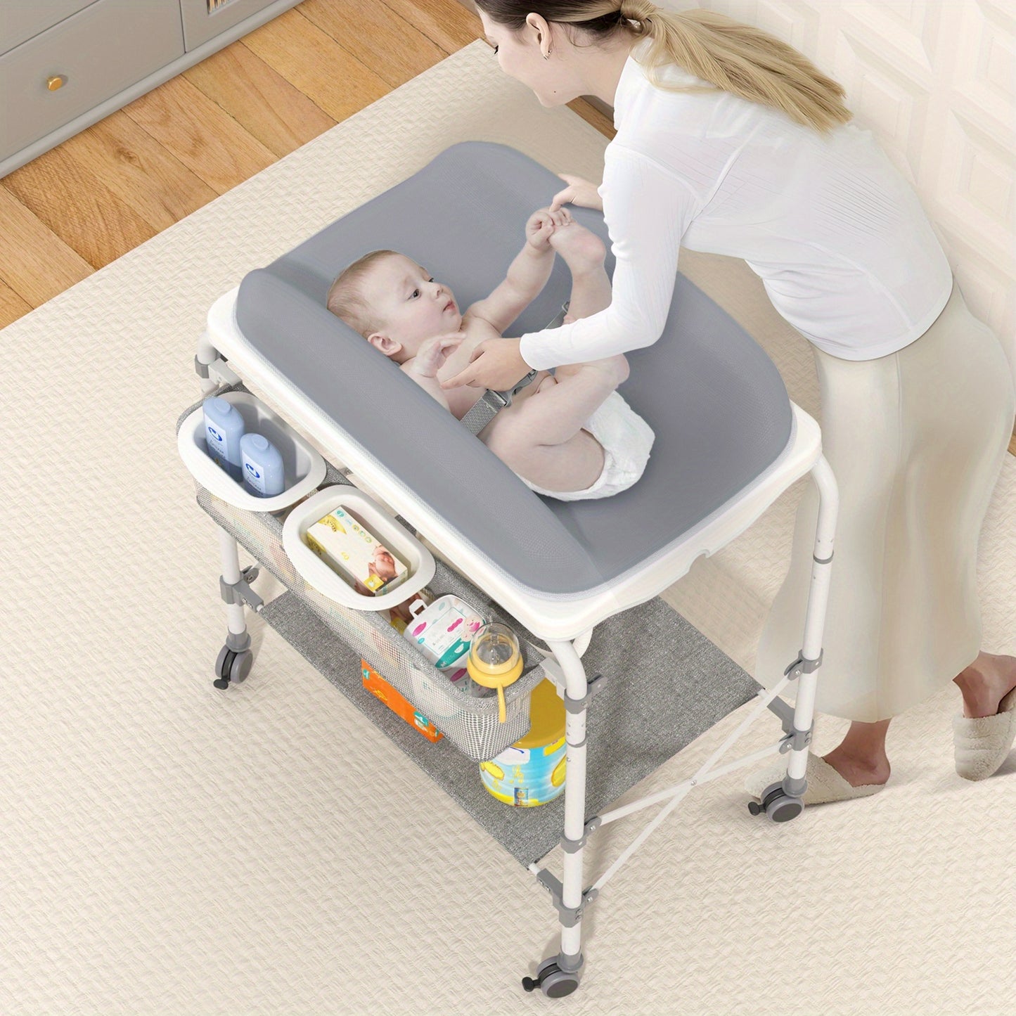 Babycommode Grijs – Verschoontafel – Waskom – Mobiele Commode – 2-in-1 Babymeubel – Inklapbaar Badje – 4 Zwenkwielen – Max Belastbaarheid 50 kg