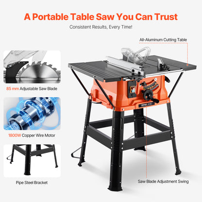 Tafelzaag – Cirkelzaag – Zaagtafel – Houtzaag – Compacte Zaag – Met Standaard – 1800W Motor – 200mm Zaagcapaciteit – Rood-Zwart