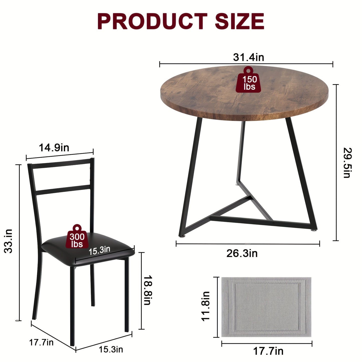 Ronde Eettafelset 2 Personen – Eettafel Rond – Tafel Met Stoelen – Compacte Eettafel – Kleine Eettafelset – Houtlook Tafelblad – Zwart Metalen Onderstel – Ruimtebesparend Ontwerp – Comfortabele Beklede Stoelen