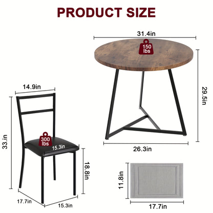 Ronde Eettafelset 2 Personen – Eettafel Rond – Tafel Met Stoelen – Compacte Eettafel – Kleine Eettafelset – Houtlook Tafelblad – Zwart Metalen Onderstel – Ruimtebesparend Ontwerp – Comfortabele Beklede Stoelen