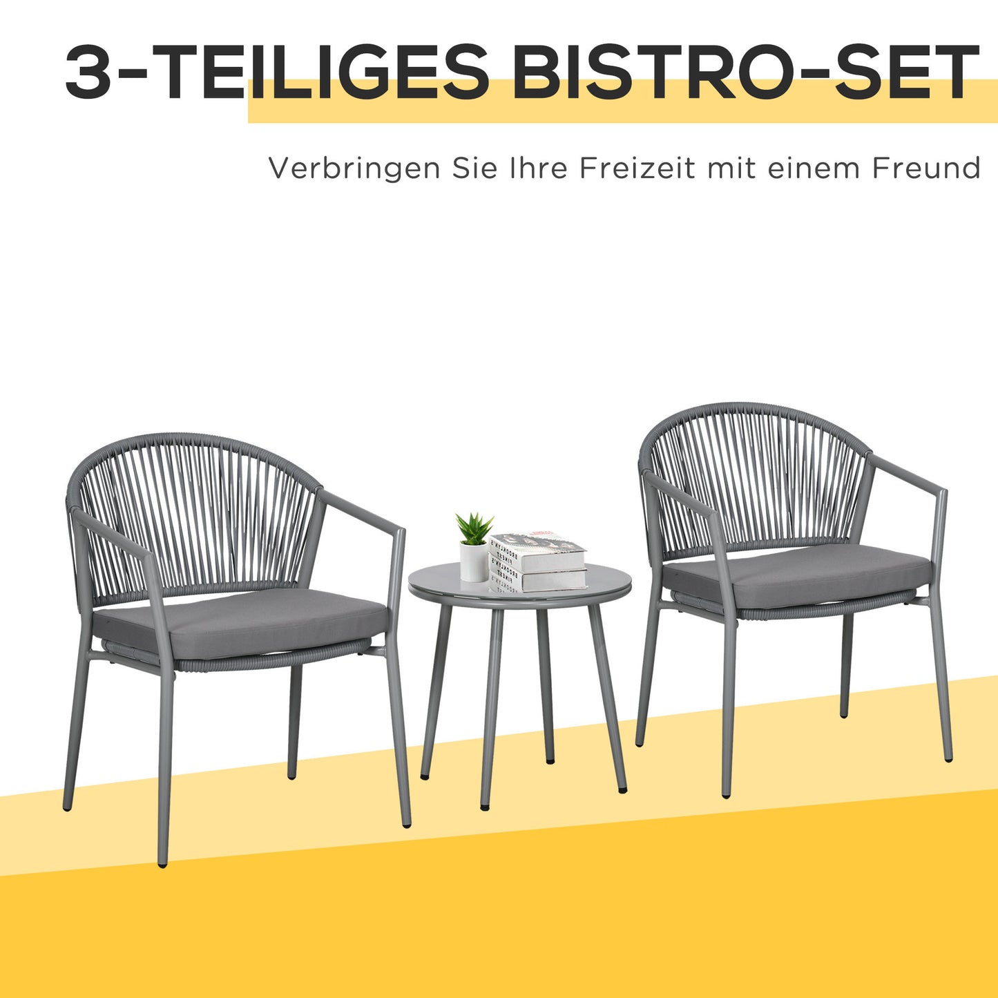 Bistroset – Tuinset – Balkonset – Tuintafel – Tuinstoelen – Rattan met Gepoedercoat Stalen Frame – Inclusief Glazen Tafelblad en Comfortabele Kussens