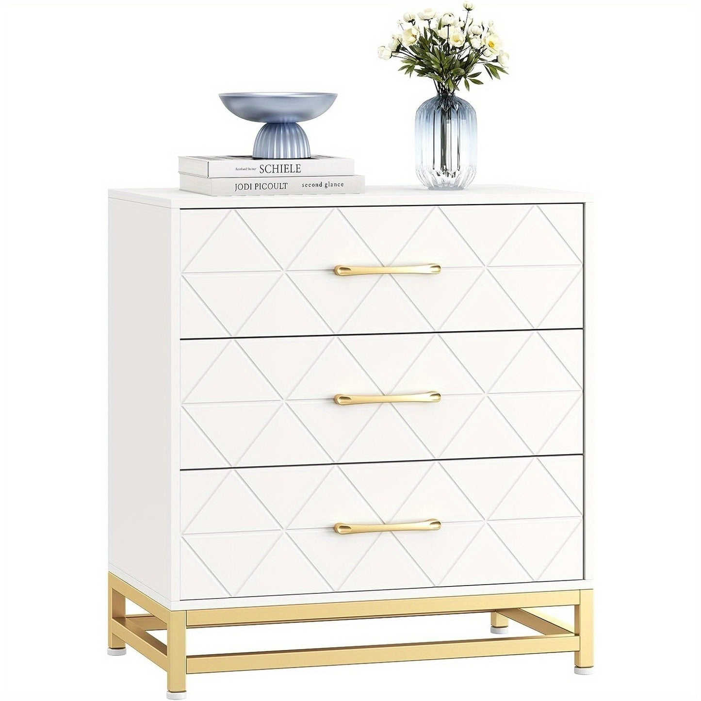 Ladekast – Dresser – Commode – Opbergkast – Nachtkastje – Wit & Gouden Metaal – 3 Ruime Lades – 68,58 cm Hoog – Duurzame Stalen Constructie