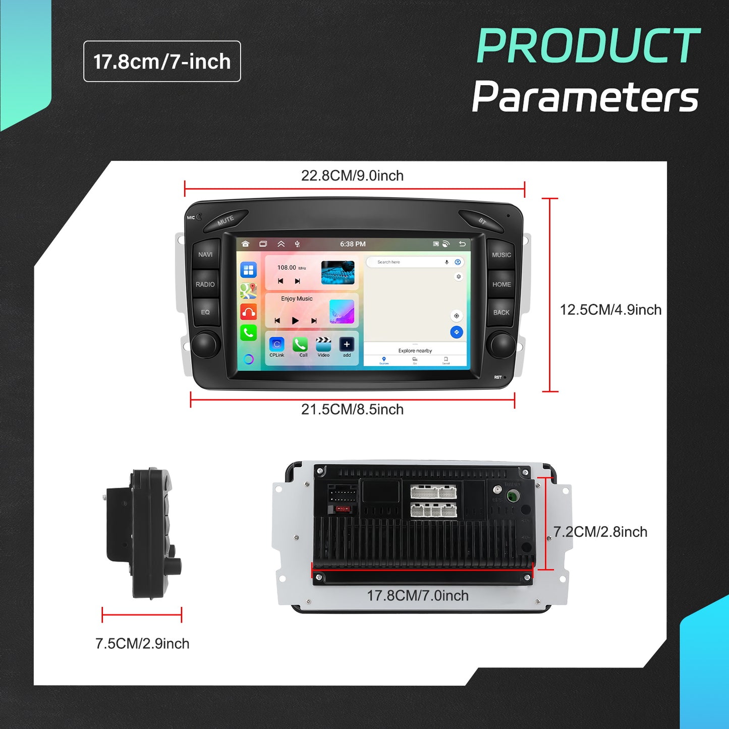 Android Autoradio – Multimedia Headunit – Auto Radio – Inbouw Radio – 7 Inch Touchscreen – Android 15 OS – 8-Core CPU – 6GB RAM + 128GB Opslag – Wireless CarPlay & Android Auto – GPS Navigatie
