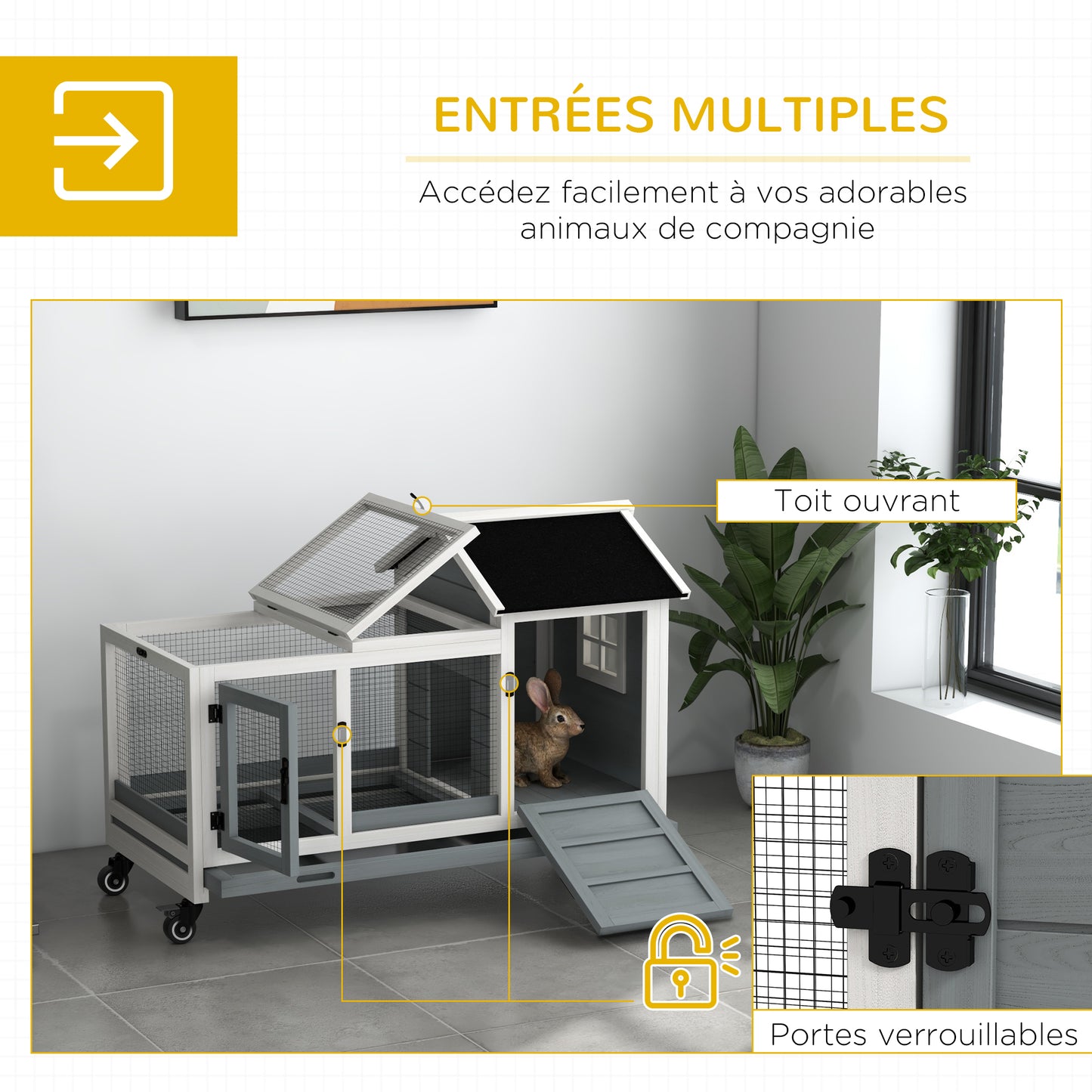 Konijnenkooi – Konijnenhok – Knaagdierkooi – Buitenren – Houten Kooi – Met Wielen – 2 Slotbare Deuren – Uittrekbare Droppingslade – 108x58x73,5 cm