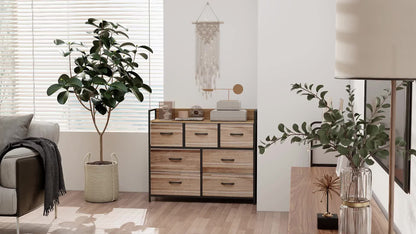 Opbergkast – Opbergmeubel – Kledingkast – Ladenkast – Stoffen lades – Zwart metalen frame – 7 inklapbare stoffen lades – Afm. 98x29x85 cm – Natuurlijke kleuren – Verstelbare poten