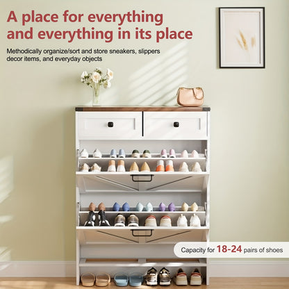 Witte Schoenenkast – Schoenenkast Met Lade – Schoenopberger – Schoenmeubel – Schoenenrek – Verstelbare Binnenpanelen – Anti-Kantelbeveiliging – MDF Met Melamine – Vrijstaand – 80x24,5x108 cm