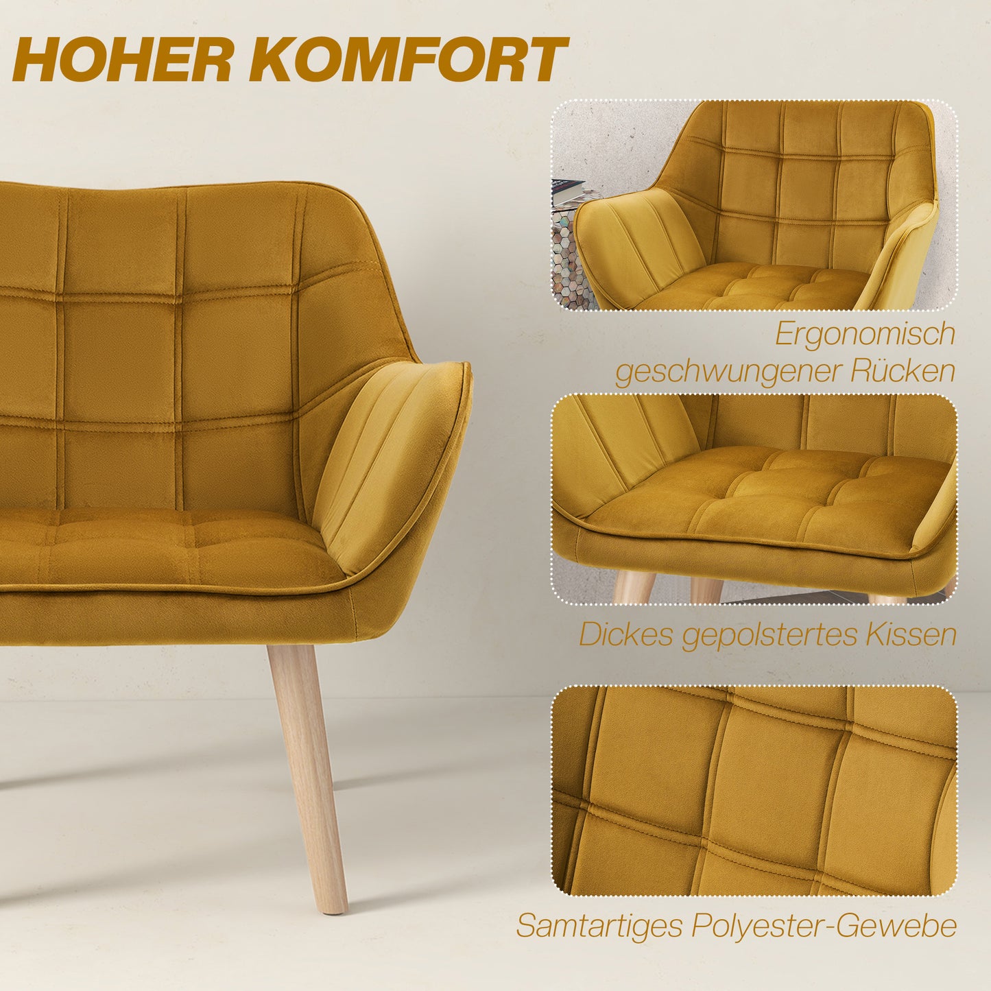 Fauteuil – Accentstoel – Scandinavische Stoel – Loungestoel – Armstoel – Fluweelstof – Rubberhout Poten – Geschikt Tot 120 Kg – Geel