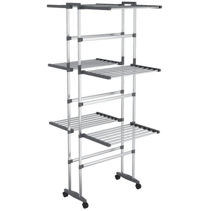 Droogrek – Wasrek – Kledingrek – Droogstandaard – Washanger – Argento – 3-Laags Driedubbel Droogvlak – Aluminium Met Wieltjes En Wasknijpers