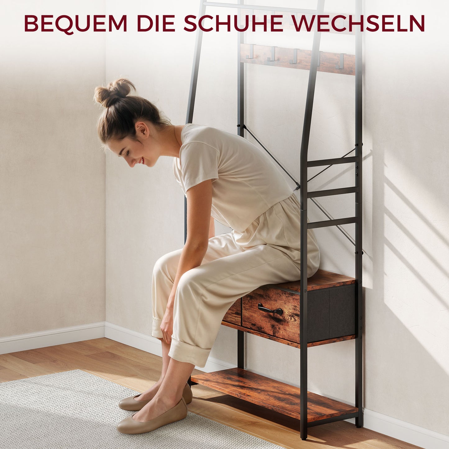 Kapstok – Kledingrek – Schoenenrek – Opbergmeubel – Halmeubel – Rustiek Bruin – 10 Metalen Haken – Comfortabel Zitbankje
