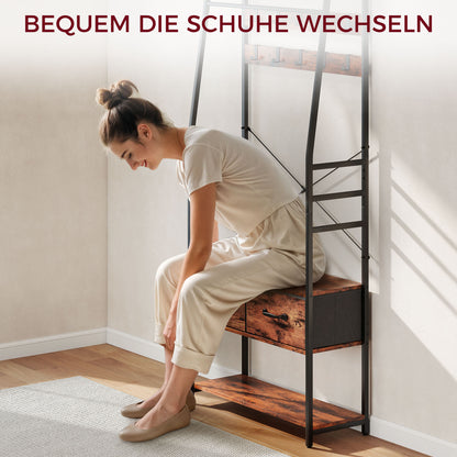 Kapstok – Kledingrek – Schoenenrek – Opbergmeubel – Halmeubel – Rustiek Bruin – 10 Metalen Haken – Comfortabel Zitbankje