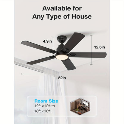Plafondventilator – Ventilator – Plafondventilator Met Licht – Ventilator Met LED – Silent Fan – Matzwart – 132 cm – 6 Snelheden Reversibele DC Motor