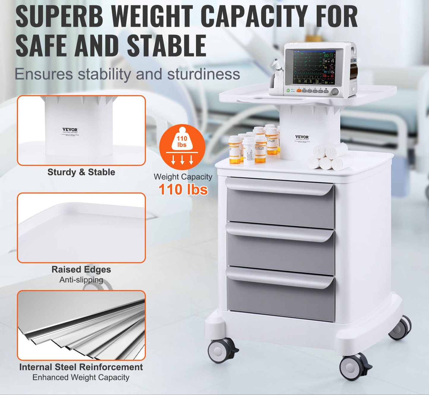 Medische Kar – Laboratoriumkar – Trolley – Medische Trolley – Opbergkar – 4 Laden & Bovenbak – Duurzaam ABS Materiaal – 4 Stilte Wielen