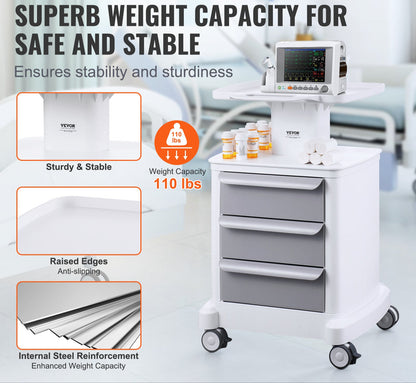 Medische Kar – Laboratoriumkar – Trolley – Medische Trolley – Opbergkar – 4 Laden & Bovenbak – Duurzaam ABS Materiaal – 4 Stilte Wielen