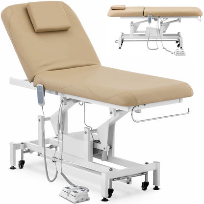 Massagetafel – Behandelbank – Massagebed – Behandeltafel – Massagebank – Elektrisch Verstelbaar – 2 Motoren – Max. Draagvermogen 150 kg – Donkerbeige Eco-Leder