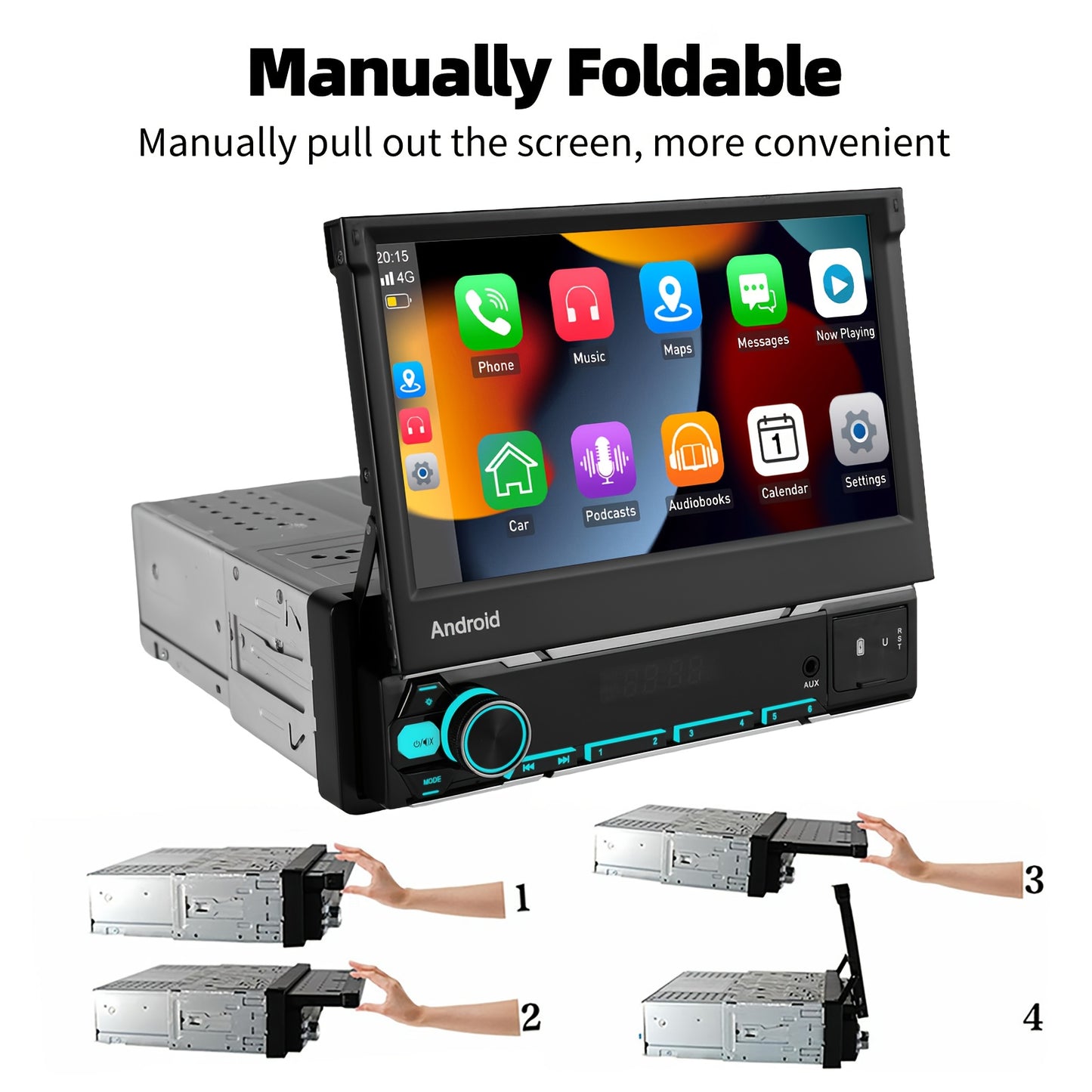 Multimedia Car Stereo – Autoradio – Navigatiesysteem – Touchscreen Speler – Bluetooth Interface – 7 inch IPS Flip-out Scherm – Android 14 Systeem – Draadloze CarPlay & Android Auto Met Camera, Microfoon en DAB+ Adapter