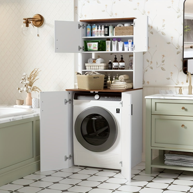 Opbergkast – Opbergmeubel – Kast – Bergkast – Opbergrek – Met Dubbele Deuren – Geschikt Voor Wasmachine 68x68x170cm – Wit – Verstelbare Planken – Stevig Hout